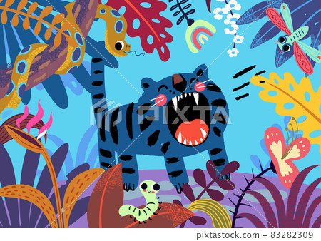 Jungle Tropical Night Background with Cute Roaring Tiger. Illustration of a jungle landscape background, with ornaments made with leaves and flowers of tropical plants and trees 83282309
