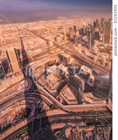 View of Sheikh Zayed Road skyscrapers and downtown from Burj Khalifa in Duba View of Sheikh Zayed Road skyscrapers and downtown from Burj Khalifa in Duba 83283405