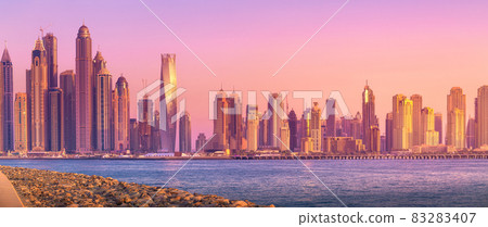 Dubai Marina bay view from Palm Jumeirah, UAE 83283407