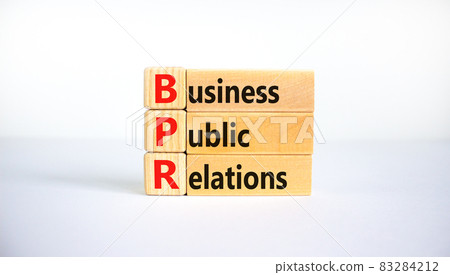 BPR business public relations symbol. Concept words BPR business public relations on blocks on a beautiful white table, white background. Business, BPR business public relations concept. Copy space. 83284212