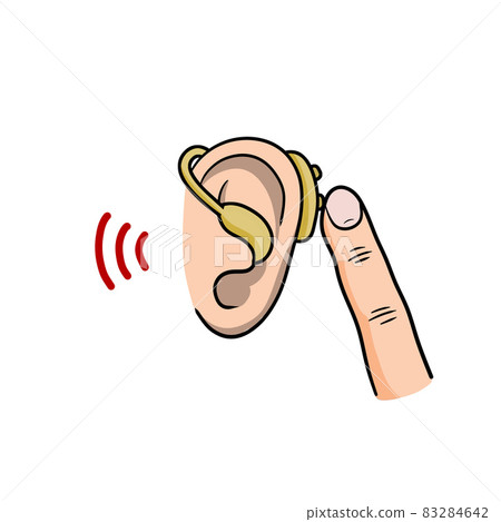 Hearing aid. Audiphone and finger in ear. Hearing problems and disabilities. Sound icon. Cartoon illustration 83284642
