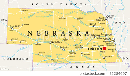 Nebraska, NE, political map with the capital Lincoln and the largest city Omaha. Triply landlocked State in the Midwestern subregion of the United States of America, nicknamed Cornhusker State. Vector 83284697