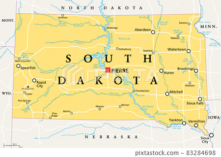 South Dakota, SD, political map, with capital Pierre, and largest city Sioux Falls. State in the upper Midwestern subregion of the United States of America, nicknamed The Mount Rushmore State. Vector. 83284698