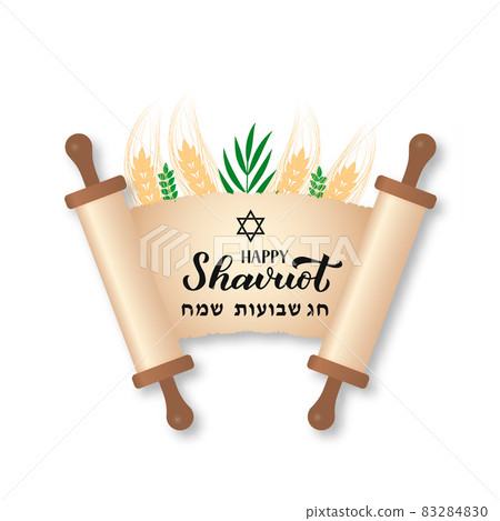 Happy Shavuot calligraphy hand lettering on old scroll paper Torah. Jewish holiday greeting card. Easy to edit vector template for banner, typography poster, invitation, flyer. Happy Shavuot calligraphy hand lettering on old scroll paper Torah. Jewish holiday greeting card. Easy to edit vector template for banner, typography poster, invitation, flyer. 83284830
