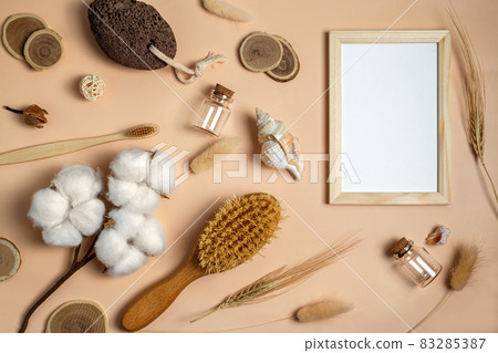 Bath Accessories on beige background. organic bath products Bath Accessories on beige background. organic bath products 83285387
