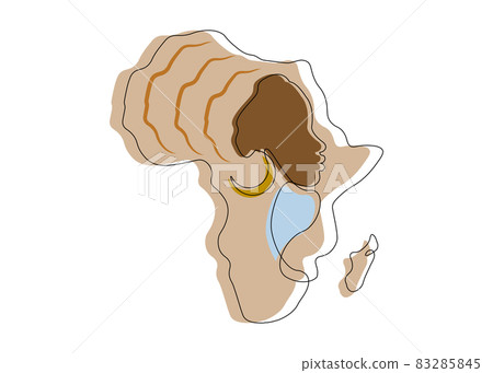 Black African Woman in line art style, continuous line drawing of Afro woman and African continent map. Colorful Vector linework tattoo icon logo isolated on white background Black African Woman in line art style, continuous line drawing of Afro woman and African continent map. Colorful Vector linework tattoo icon logo isolated on white background 83285845