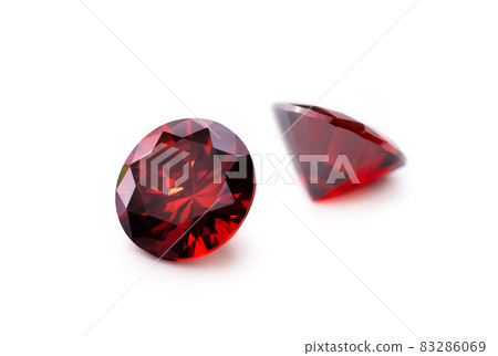 Red Ruby gemstone Round Cut isolate on white background, close up shot 83286069