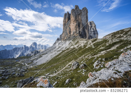 Summer sunrise at Tre Cime di Lavaredo in the Dolomites national park, Italy Summer sunrise at Tre Cime di Lavaredo in the Dolomites national park, Italy 83286271
