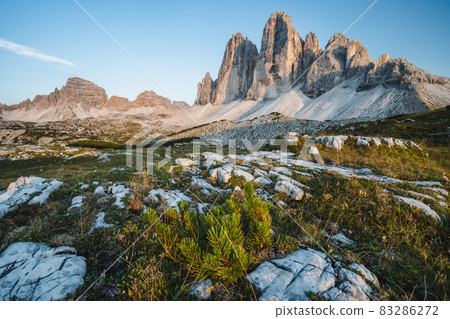 The Tre Cime di Lavaredo and stony plateau in the Sexten Dolomites of northeastern Italy The Tre Cime di Lavaredo and stony plateau in the Sexten Dolomites of northeastern Italy 83286272
