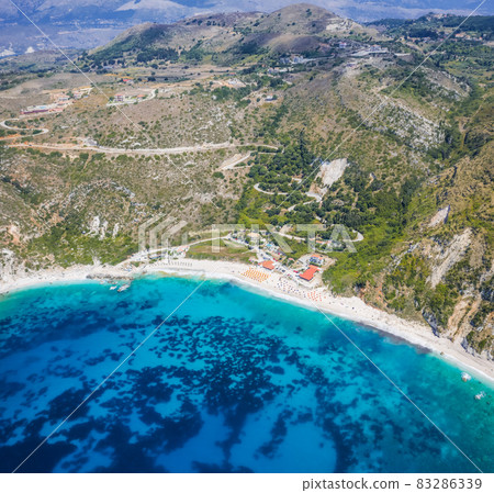 Aerial panorama of Petani Beach in Kefalonia, Ionian Islands, Greece Aerial panorama of Petani Beach in Kefalonia, Ionian Islands, Greece 83286339