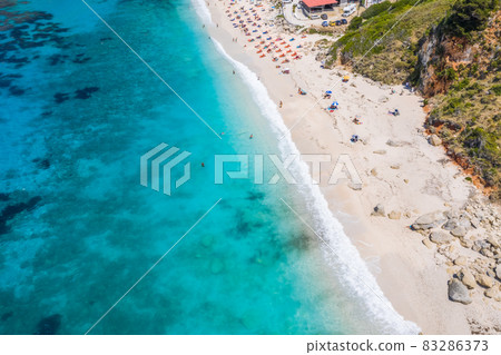 Aerial top down drone photo of Petani beach with beautiful turquoise sea at Cefalonia island, Ionian, Greece 83286373