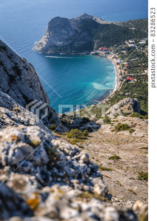 Novyi Svit town in Crimea. View from the top of Falcon Sokol mountain Novyi Svit town in Crimea. View from the top of Falcon Sokol mountain 83286523