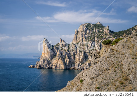 Novyi Svit, Crimea, the view from Golitsyn Path. Beautiful views of the mountains and rocky coast of the black sea. Picturesque sea landscape 83286541