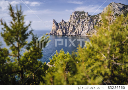 Landscape view of Karaul-Oba mountain and Blue bay in Crimea, New Light resort, Russian Federation 83286560