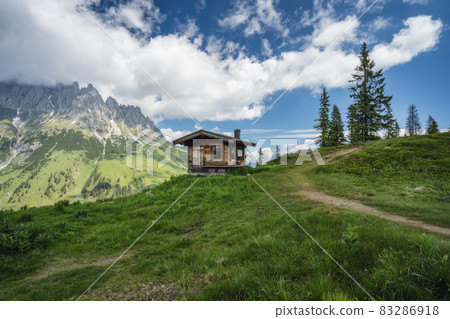 Small hut on hiking trail around Wilder Kaiser mountains, Tirol - Austria Small hut on hiking trail around Wilder Kaiser mountains, Tirol - Austria 83286918
