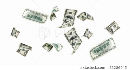 Money stack. Hundred dollars of America. Falling money isolated, us bill white background. 83286945