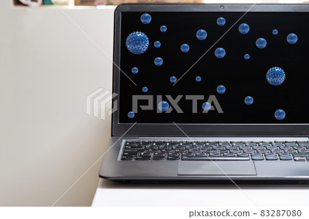 Black notebook and microscope virus close up. Coronavirus concept. Work from home concept Black notebook and microscope virus close up. Coronavirus concept. Work from home concept 83287080