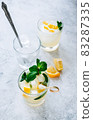 Ice lemonade in glass with lemon pieces, fresh mint and ice cubes. 83287335