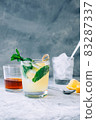Ice lemonade in glass with lemon pieces, fresh mint and ice cubes. 83287337