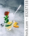 Ice lemonade in glass with lemon pieces, fresh mint and ice cubes. 83287338