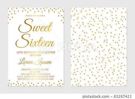 Gold glitter confetti Sweet Sixteen invitation card front and back side. Golden polka dots girl s 16th birthday party invite flyer. 83287421