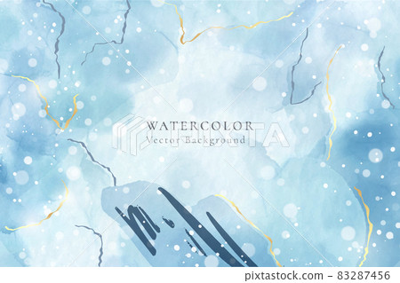 Abstract turquoise and teal blue liquid marbled watercolor background with golden lines and brush stains. Cyan alcohol ink marbled drawing effect. Vector illustration design template for wedding 83287456