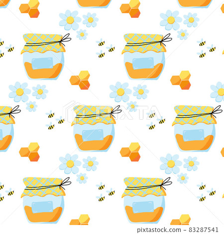 Hand-drawn seamless pattern with honey jar, flowers and bees. Cute bright pattern with honey. 83287541