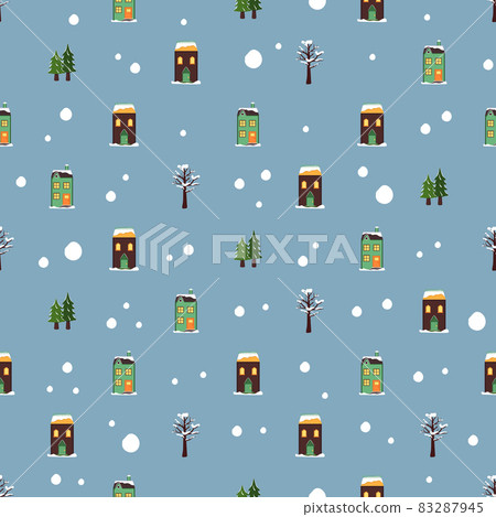 Seamless pattern with festive Christmas houses, trees in snow and snowflakes on blue background. Bright print for New Year and winter holidays for wrapping paper, textile and design 83287945
