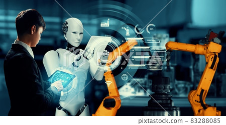 Mechanized industry robot and human worker working together in future factory Mechanized industry robot and human worker working together in future factory 83288085