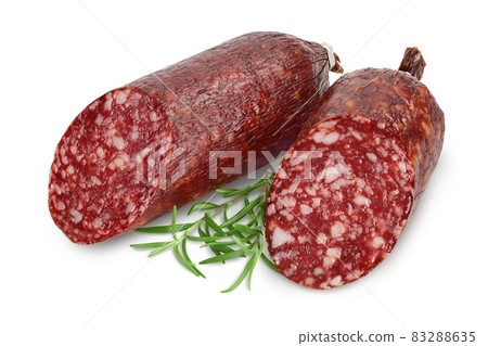 Smoked sausage salami isolated on white background with clipping path and full depth of field Smoked sausage salami isolated on white background with clipping path and full depth of field 83288635