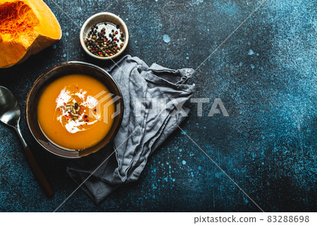 Pumpkin soup in bowl copy space 83288698