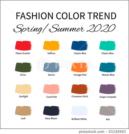 Fashion Color Trend Spring Summer 2020. Trendy colors palette guide. Brush strokes of paint color with names swatches. Easy to edit vector template for your creative designs. Fashion Color Trend Spring Summer 2020. Trendy colors palette guide. Brush strokes of paint color with names swatches. Easy to edit vector template for your creative designs. 83288983