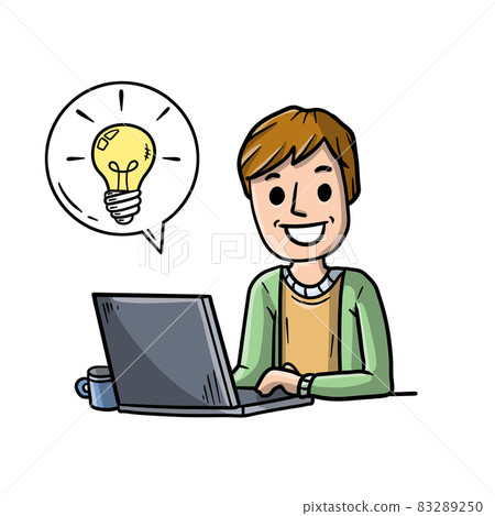 Man sitting at table with laptop. Work as... - Stock Illustration ...