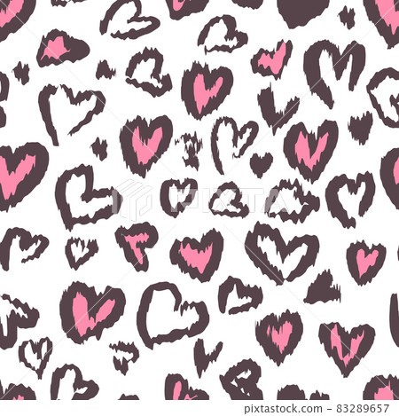 Valentine Leopard or cheetah seamless pattern. Trendy animal print. Spotted pink and dark gray hearts imitate jaguar fur. Vector background for textile, fabric, wallpaper, wrapping paper, etc Valentine Leopard or cheetah seamless pattern. Trendy animal print. Spotted pink and dark gray hearts imitate jaguar fur. Vector background for textile, fabric, wallpaper, wrapping paper, etc 83289657