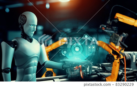 Mechanized industry robot and robotic arms for assembly in factory production . Mechanized industry robot and robotic arms for assembly in factory production . 83290229