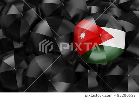Umbrella with Jordanian flag among black umbrellas, 3D rendering Umbrella with Jordanian flag among black umbrellas, 3D rendering 83290552
