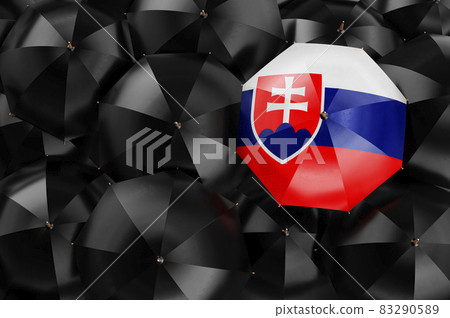Umbrella with Slovak flag among black umbrellas, 3D rendering Umbrella with Slovak flag among black umbrellas, 3D rendering 83290589