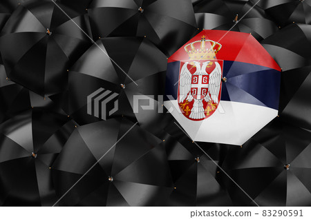 Umbrella with Serbian flag among black umbrellas, 3D rendering Umbrella with Serbian flag among black umbrellas, 3D rendering 83290591