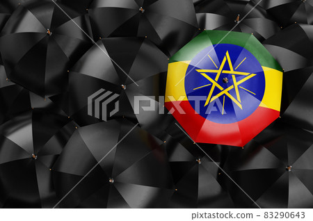 Umbrella with Ethiopian flag among black umbrellas, 3D rendering Umbrella with Ethiopian flag among black umbrellas, 3D rendering 83290643