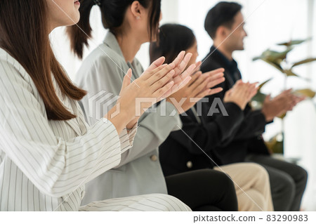 Businesswoman proficiently present work project receive celebrations from team Businesswoman proficiently present work project receive celebrations from team 83290983