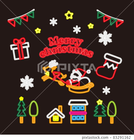 Santa Claus Christmas illustration set flying in the night sky drawn with glittering neon tube style line drawing 83291162