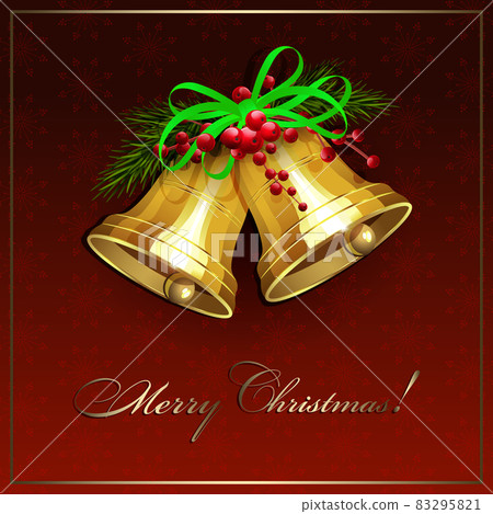 Red card with snowflakes, isolated golden shiny bells, spruce branches Red card with snowflakes, isolated golden shiny bells, spruce branches 83295821