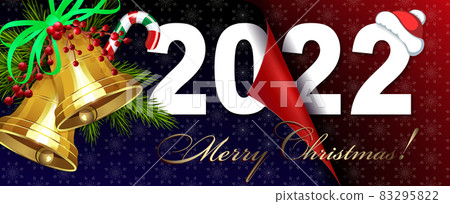 Happy new year 2022, christmas composition folded sheet with snowflakes, golden bells Happy new year 2022, christmas composition folded sheet with snowflakes, golden bells 83295822