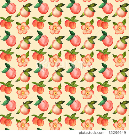 Illustration digital watercolor seamless pattern of peach and flowers on a yellow backgrounds Illustration digital watercolor seamless pattern of peach and flowers on a yellow backgrounds 83296649