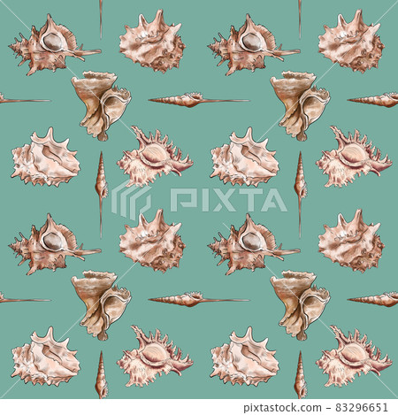 Watercolor digital illustration seamless pattern of seashells from brown marine life on a blue Watercolor digital illustration seamless pattern of seashells from brown marine life on a blue 83296651