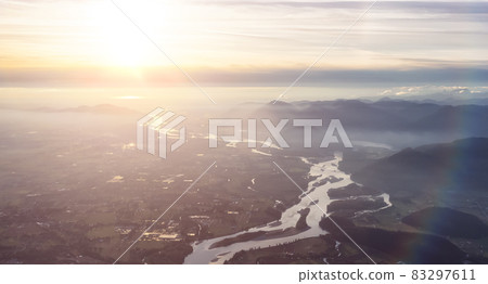 Aerial View of Fraser River and Valley from Airplane. 83297611