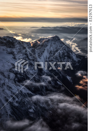 Aerial View of Canadian Rocky Mountains with snow on top 83297613