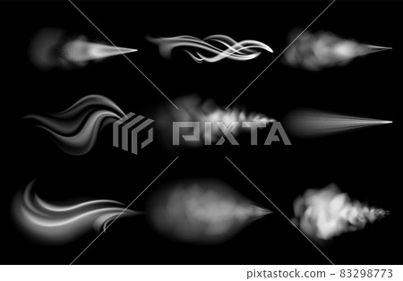 Realistic air blow. Wind flow and dust spray effect. Curve shapes of steam blast. Fog and smoke haze. White vapor or gas. Puff sprayer trails. Vector transparent fume templates set Realistic air blow. Wind flow and dust spray effect. Curve shapes of steam blast. Fog and smoke haze. White vapor or gas. Puff sprayer trails. Vector transparent fume templates set 83298773