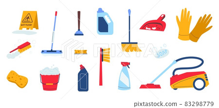 Cleaning supplies. Doodle household tools and chemistry. Bucket and gloves. Vacuum cleaner. Mop or broom with dustpan. Bright sponge. Vector cleanup set for housework in trendy style 83298779