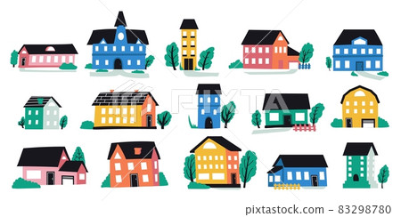 Abstract town buildings. Doodle city houses with tiny roofs, windows and small brick elements. Urban architecture. Residential construction. Cottage facades. Vector hand drawn outdoor set 83298780